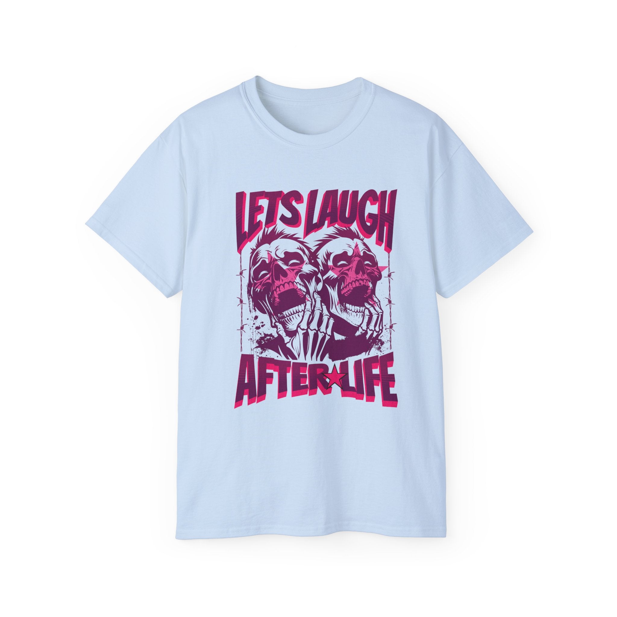 Let's Laugh After Life - Unisex Cotton Crew Tee (Front) - Damned Threads